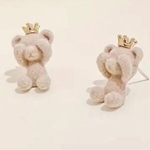Charming Cream Teddy Bear Earrings with Gold Crown